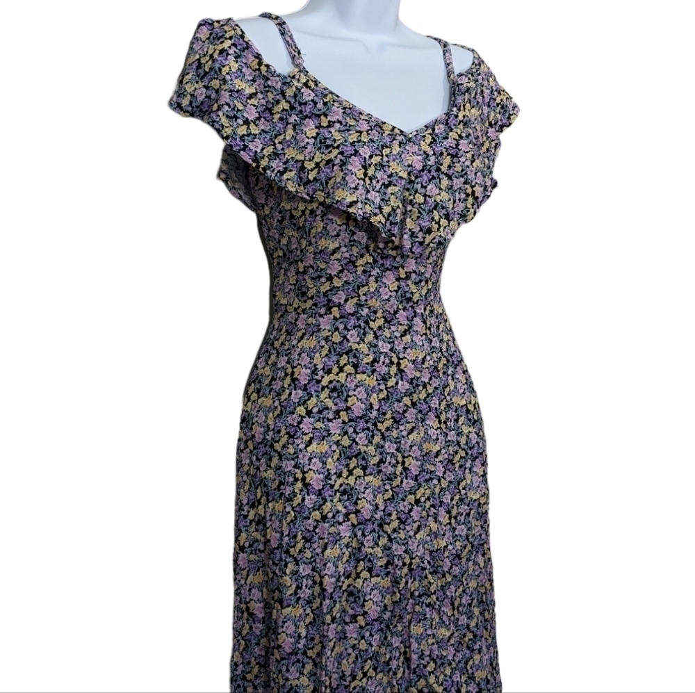REWIND Purple Blue Aqua Sky Floral Off Shoulder High Low Unique Dress Summer - Picture 2 of 11